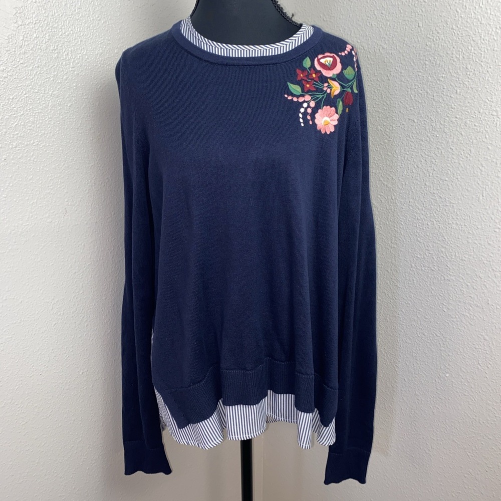 Crown & Ivy Sweater Women's XL Navy Floral Embroidered Layered Look Nautical